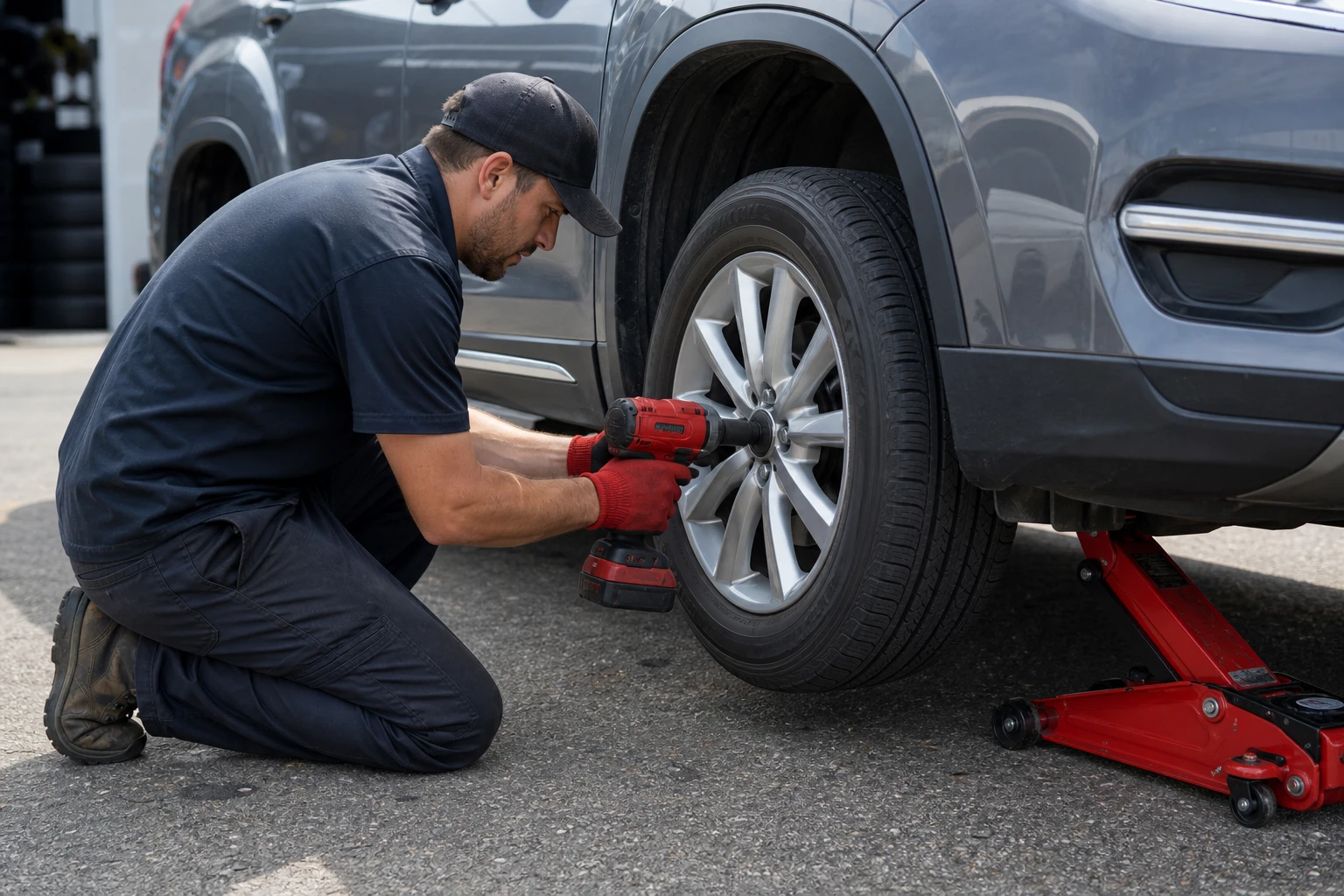 Mobilna zamena guma na terenu – serviser menja gumu na SUV vozilu